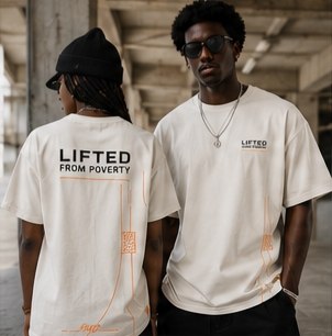Two models wearing the LIFTED FROM POVERTY tee